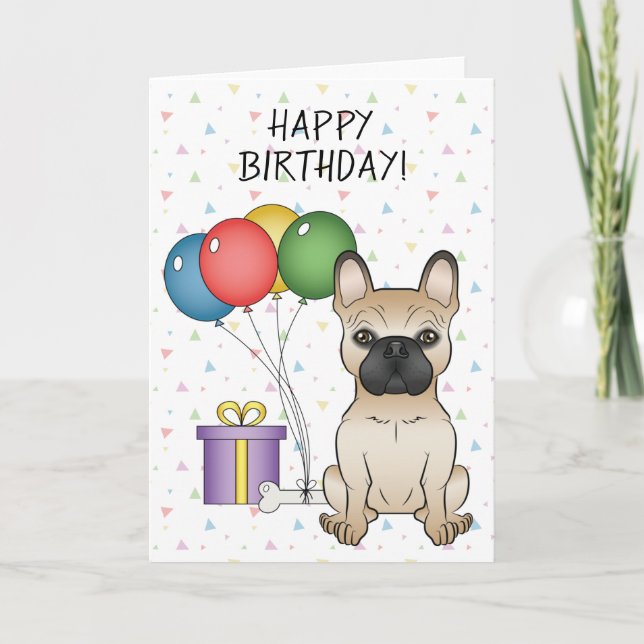 Cartão Fawn French Bulldog Cartoon Dog Feliz Aniversário (Frente)