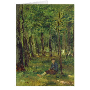 Cartão Fazendeiro novo que senta-se na floresta, 1878