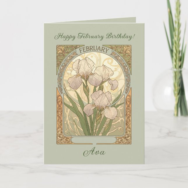 Cartão February Birthday Iris Flowers Art Nouveau Style (Frente)