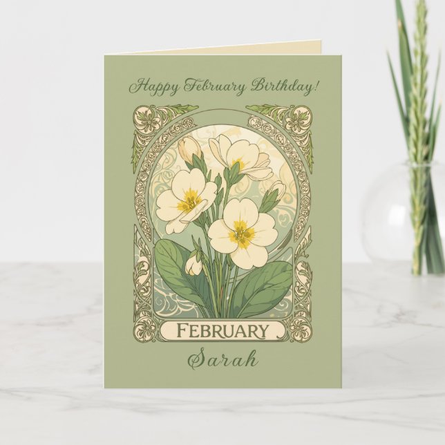 Cartão February Birthday Primrose Flowers Art Nouveau Sty (Frente)
