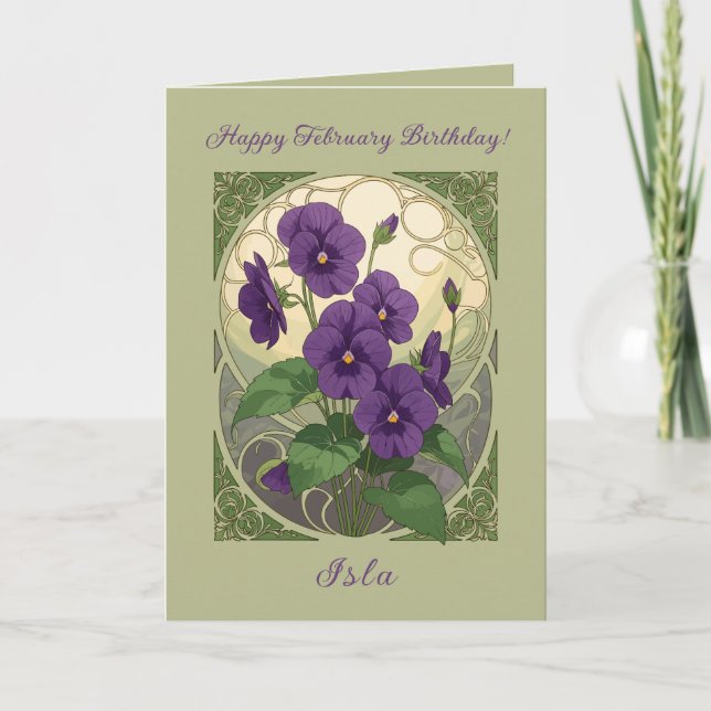 Cartão February Birthday Viola Flowers Art Nouveau Style (Frente)