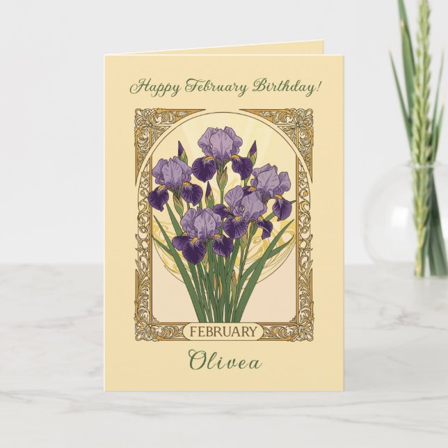 Cartão February Irises Birth Flower Art Nouveau Style (Frente)