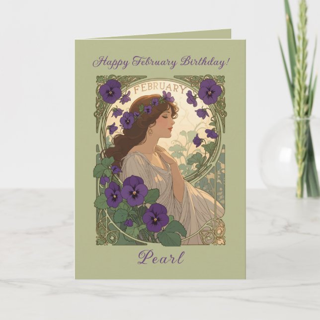 Cartão February Viola Birth Flower Art Nouveau Style (Frente)