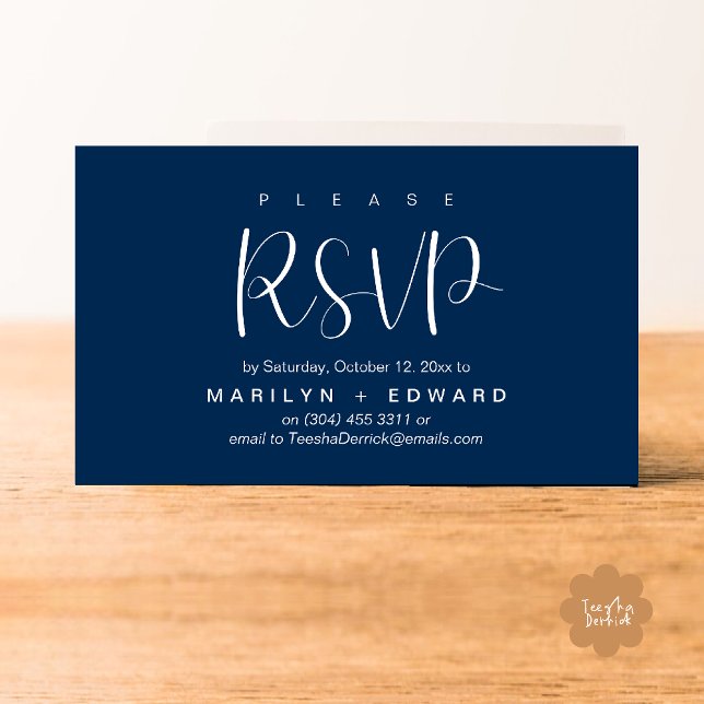 Cartão Fechado de Lembrete RSVP de Convite de Casa (Wedding invitation RSVP via Phone or email respond reminder Enclosure Card in aesthetic Navy Blue)
