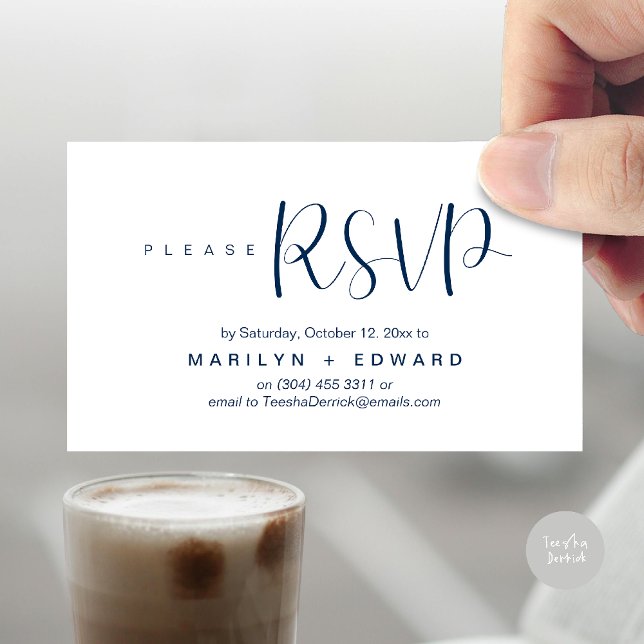 Cartão Fechado de Lembrete RSVP de Convite de Casa (Wedding invitation RSVP via Phone or email respond reminder Enclosure Card in aesthetic Navy Blue)