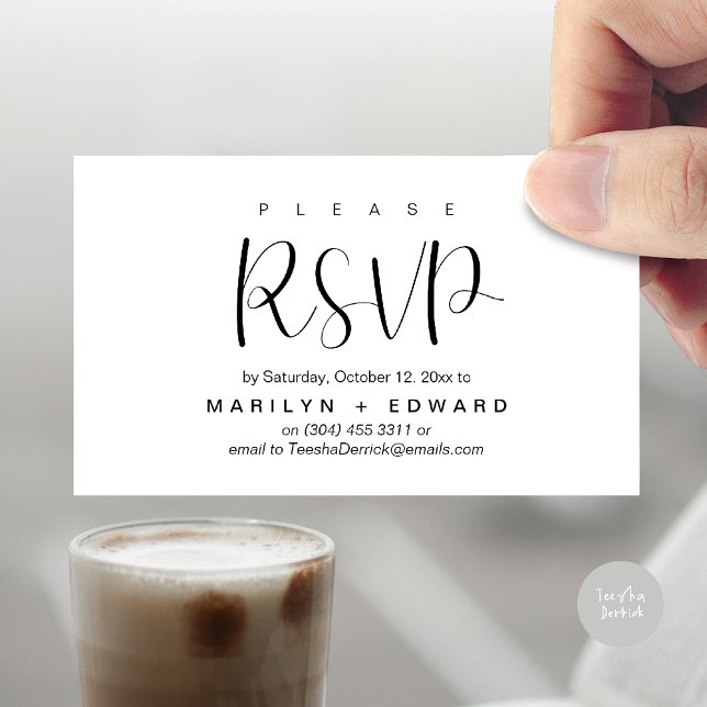 Cartão Fechado de Lembrete RSVP de Convite de Casa (Wedding invitation RSVP via Phone or email respond reminder Enclosure Card in aesthetic White Black)