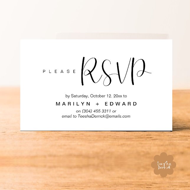 Cartão Fechado de Lembrete RSVP de Convite de Casa (Wedding invitation RSVP via Phone or email respond reminder Enclosure Card in aesthetic White Black)