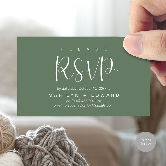 Cartão Fechado de Lembrete RSVP de Convite de Casa (Wedding invitation RSVP via Phone or email respond reminder Enclosure Card in aesthetic Sage Green)