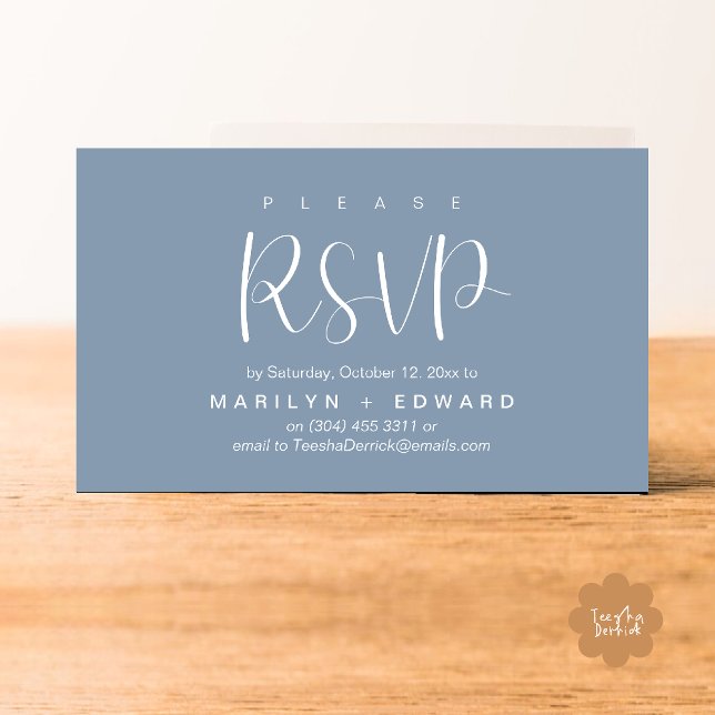 Cartão Fechado de Lembrete RSVP de Convite de Casa (Wedding invitation RSVP via Phone or email respond reminder Enclosure Card in aesthetic Dusty Blue)