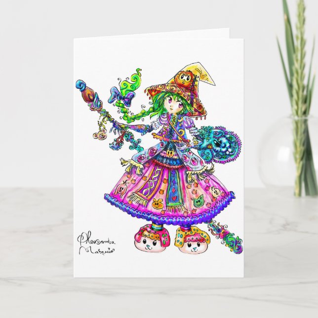 Cartão Feiticeira de anime bonita Kawaii Halloween Ortogr (Frente)