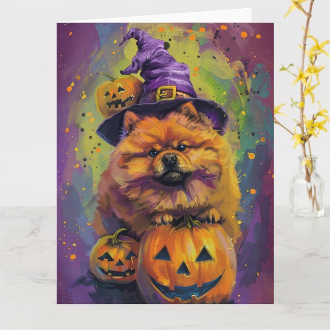 Cartão Feiticeira de Halloween e Abóbora de Chow Spooky (Flor Amarela)