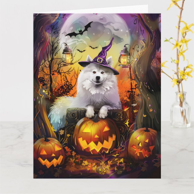 Cartão Feiticeira de Halloween e Abóbora Samoyed Samoyed (Flor Amarela)