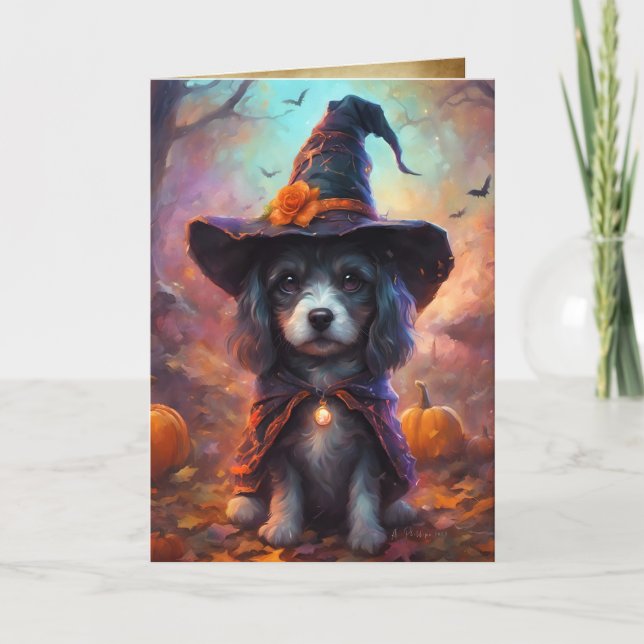Cartão Feiticeira - Feliz Halloween, Cachorro Bonito (Frente)