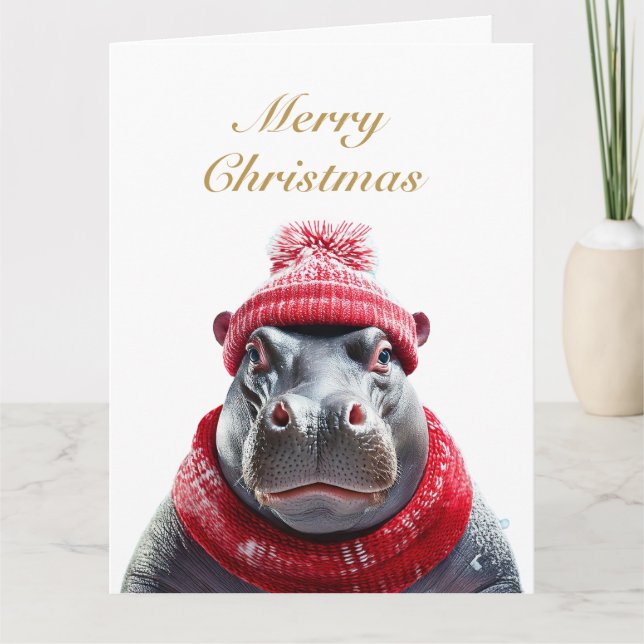Cartão Felicidades Natal Hipopótamo gorro e cachecol (Frente)