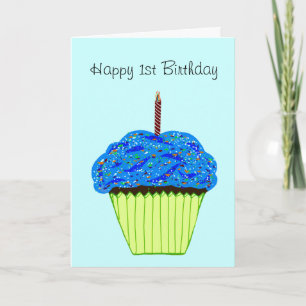 Cartão Feliz 1º Aniversário Blue Cupcake QUALQUER IDADE