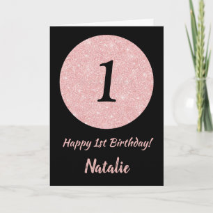Cartão Feliz 1º Aniversário Preto e Rosa Glitter