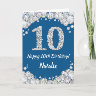 Cartão Feliz 10º Aniversário, Azul e Silver Glitter Card
