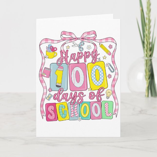 Cartão Feliz 100 Dias de Escola Laço Rosa (Frente)