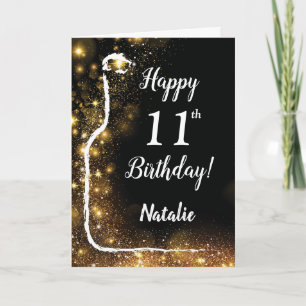 Cartão Feliz 11 Aniversário Negro e Dourado Vinho Leve