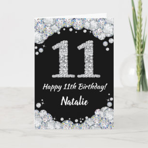 Cartão Feliz 11 Aniversário Negro e Silver Gliter Card