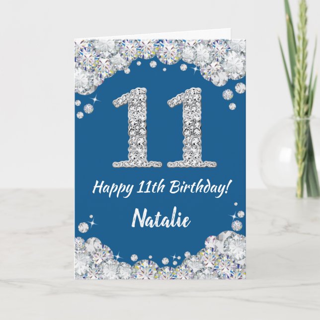 Cartão Feliz 11 Birthday Blue e Silver Glitcard (Frente)
