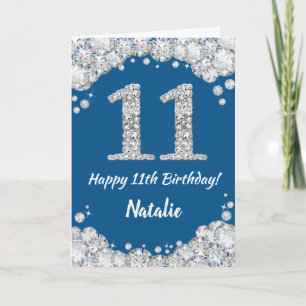 Cartão Feliz 11 Birthday Blue e Silver Glitcard