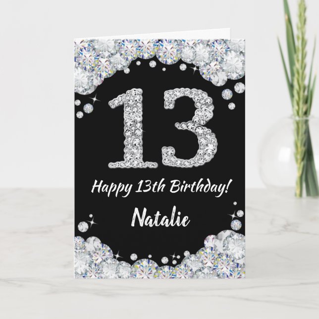 Cartão Feliz 13 Aniversário Negro e Silver Gliter Card (Frente)