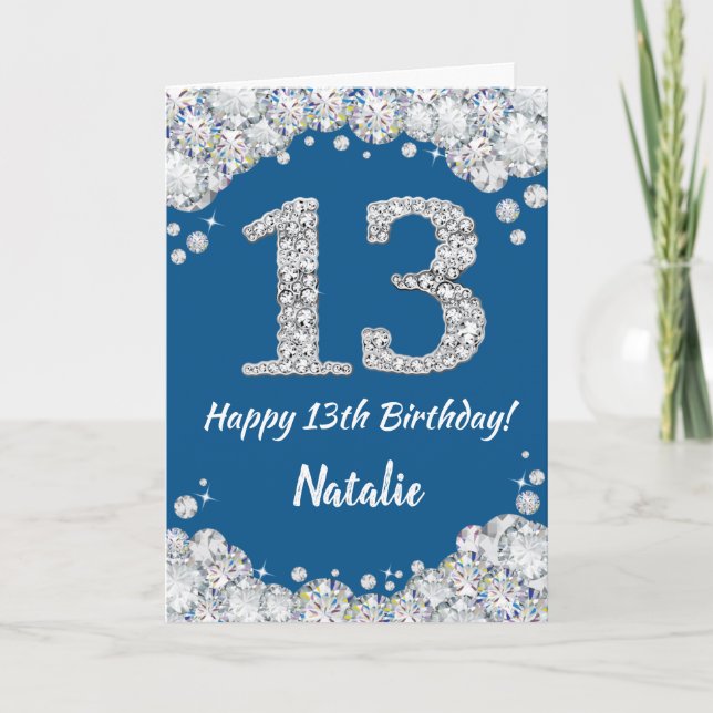 Cartão Feliz 13 Birthday Blue e Silver Glitcard (Frente)