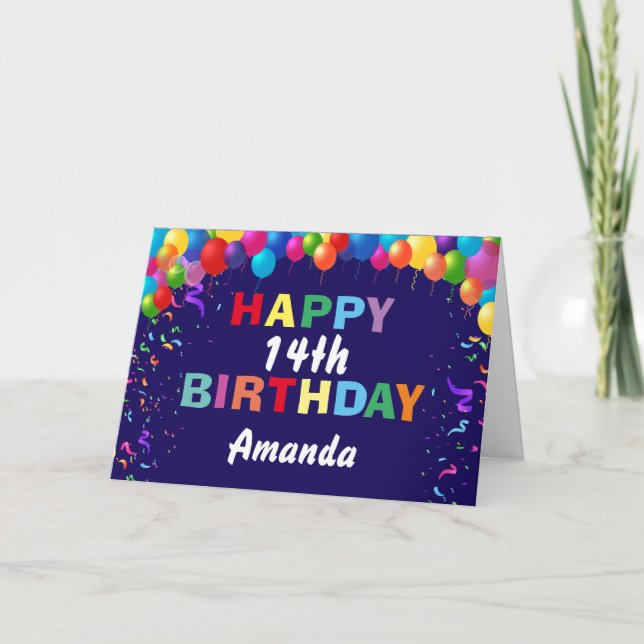 Cartão Feliz 14 Aniversário Balões Coloridos Marinho Azul (Frente)