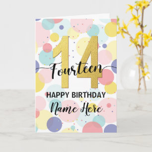 Cartão Feliz 14 Aniversário Pastel Rainbow e Dourada Girl