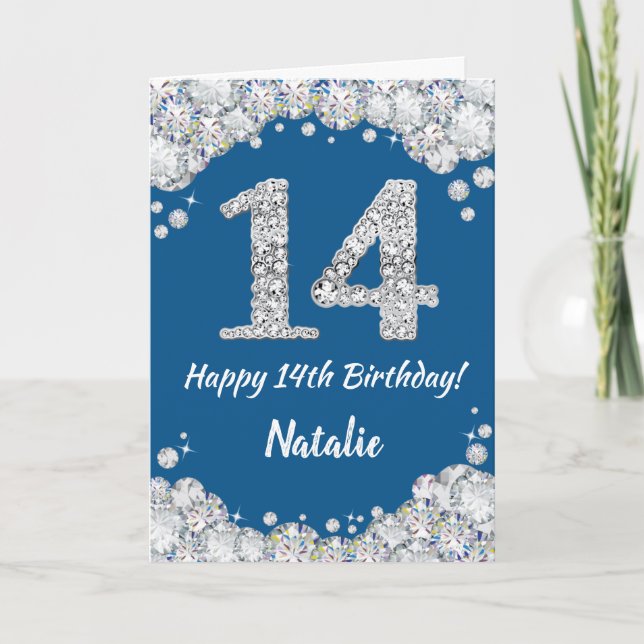 Cartão Feliz 14 Birthday Blue e Silver Glitcard (Frente)