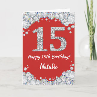 Cartão Feliz 15 Aniversário Vermelho e Silver Glitcard
