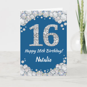 Cartão Feliz 16.º Aniversário, Azul e Silver Glitter Card