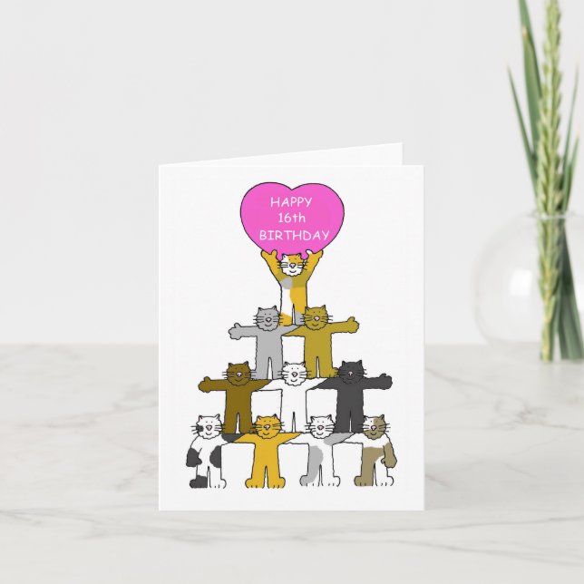 Cartão Feliz 16.º aniversário de Cartoon Cats (Frente)