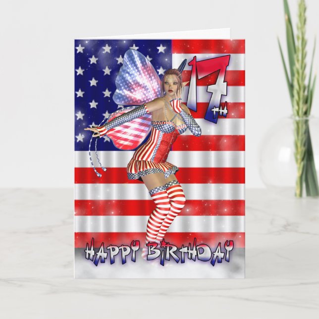 Cartão Feliz 17º aniversário da Fada nas estrelas e listr (Frente)