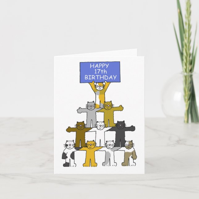 Cartão Feliz 17.º Aniversário Gatos (Frente)
