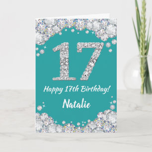 Cartão Feliz 17.º Aniversário, Teal e Silver Glitter Card