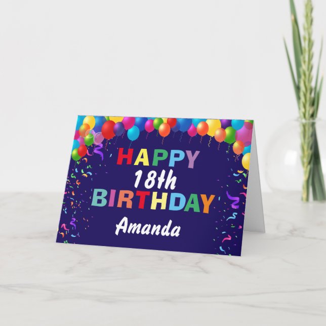 Cartão Feliz 18º aniversário Balões Coloridos Marinho Azu (Frente)