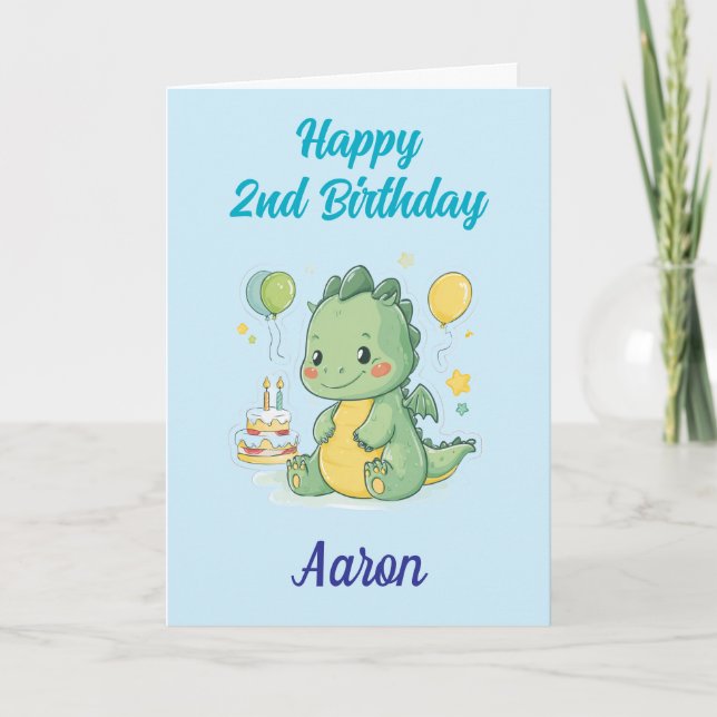 Cartão Feliz 2º Aniversário, Dragão Fofo, Personalizado  (Frente)