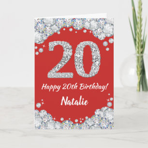 Cartão Feliz 20 Aniversário Vermelho e Silver Glitcard
