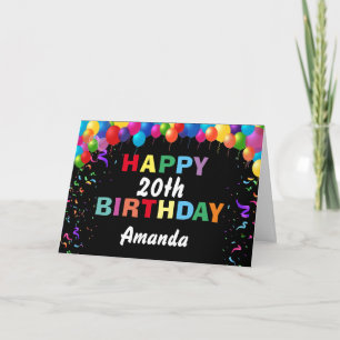 Cartão Feliz 20 de Aniversário Balões Coloridos Pretos