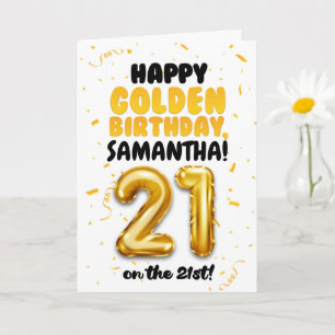 Cartão Feliz 21º Aniversário Dourado, Nome Personalizado