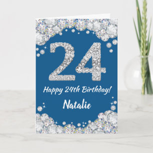 Cartão Feliz 24.º Aniversário, Azul e Silver Glitter Card
