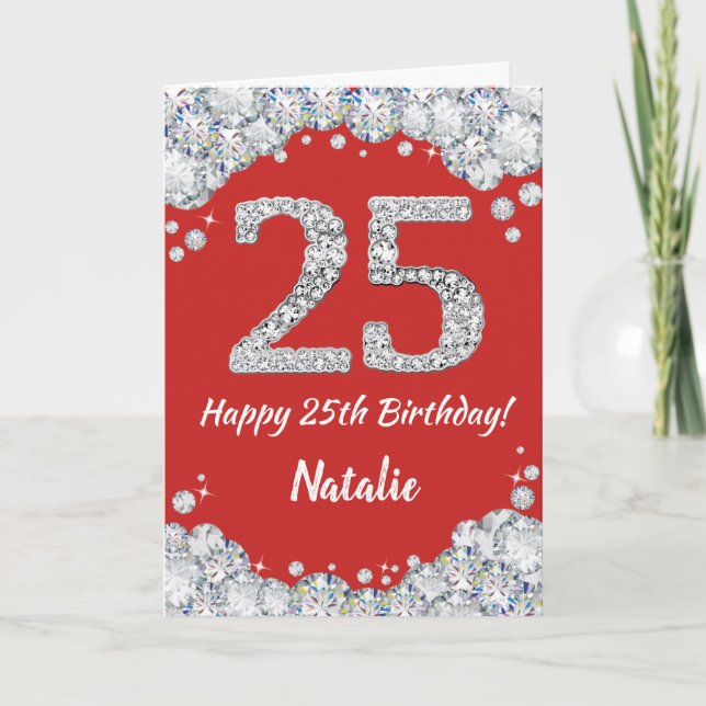Cartão Feliz 25 Aniversário Vermelho e Silver Glitcard (Frente)