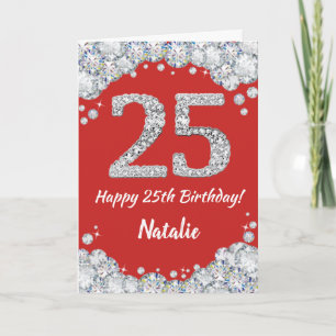 Cartão Feliz 25 Aniversário Vermelho e Silver Glitcard
