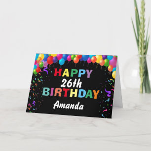 Cartão Feliz 26º aniversário Balões coloridos negros
