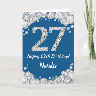 Cartão Feliz 27.º Aniversário, Azul e Silver Glitter Ca