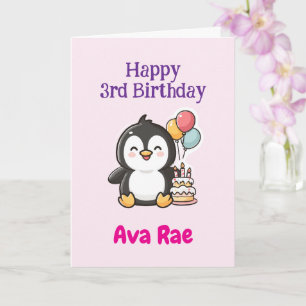 Cartão Feliz 3º Aniversário, Pinguim Fofo, Personalizado 