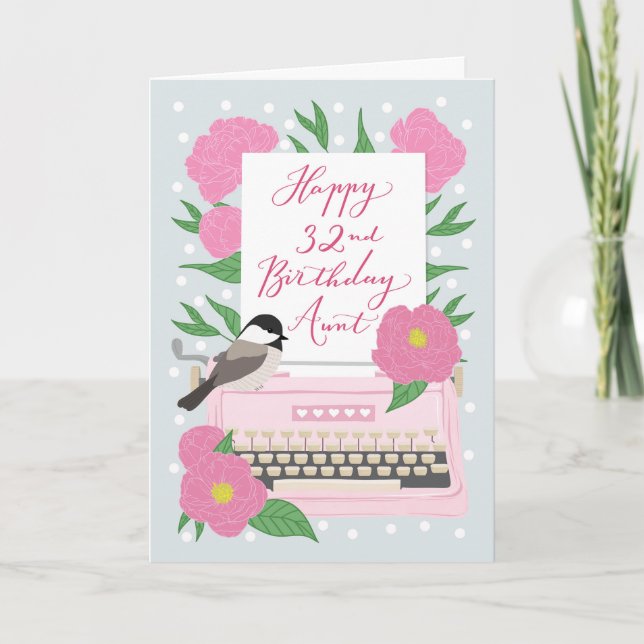 Cartão Feliz 32ª Tia de Aniversário com Máquina de Escrev (Frente)
