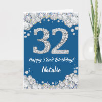 Feliz 32º Aniversário, Blue e Silver Glitter Card